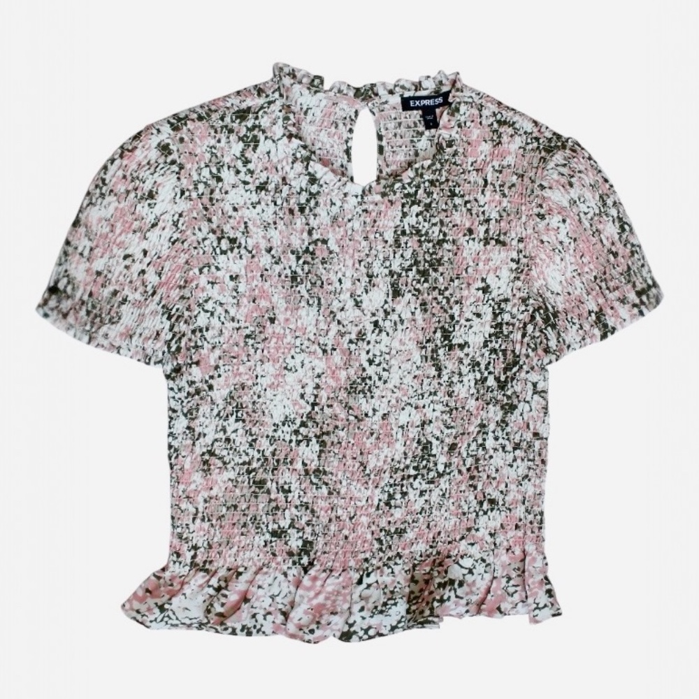 Express Pink Abstract Print Short Sleeve Smocked Peplum Top Size S